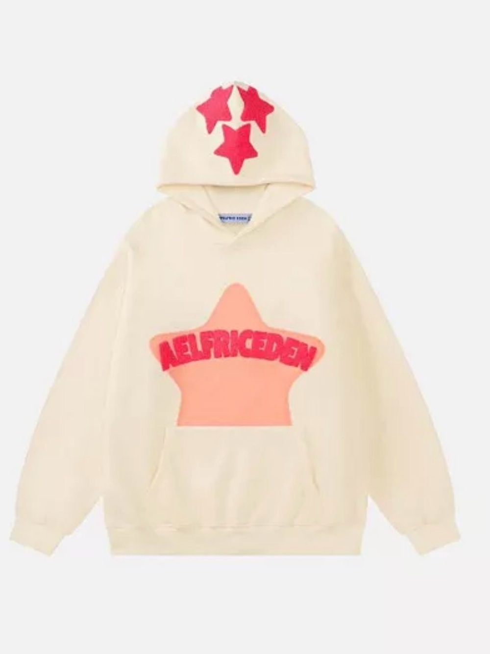 Aelfric Eden Cream Hoodie with Pink Star Appliqués and Peach Chest Panel